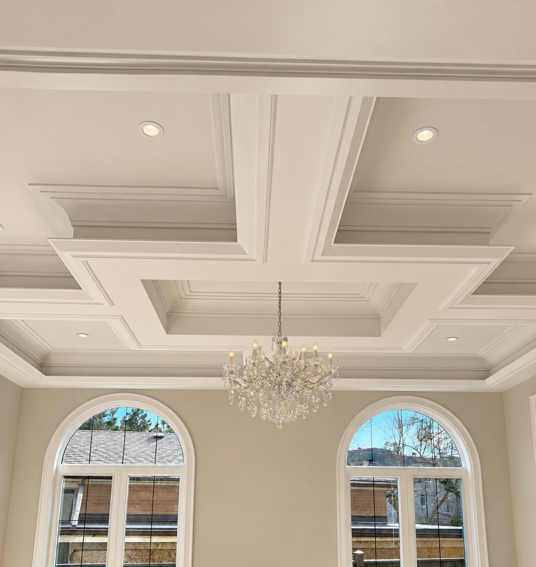 Painted coffered ceiling with crystal chandelier and arched windows in a Toronto home