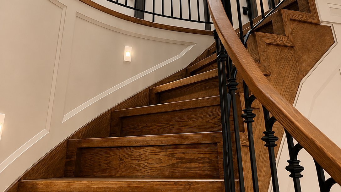 Curved staircase with richly stained wood treads and handrail