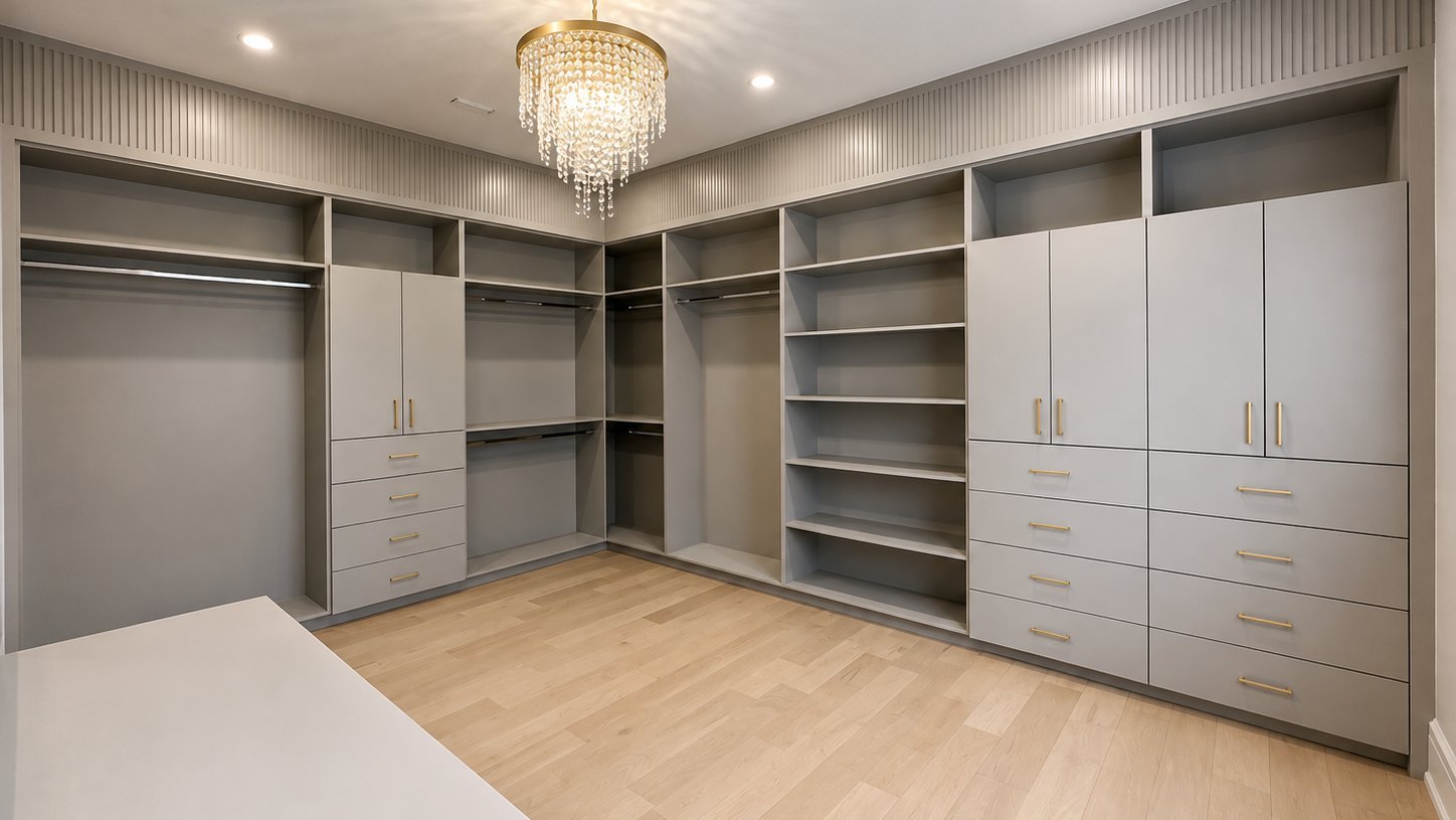 Walk-in closet with grey painted built-in cabinets and drawers
