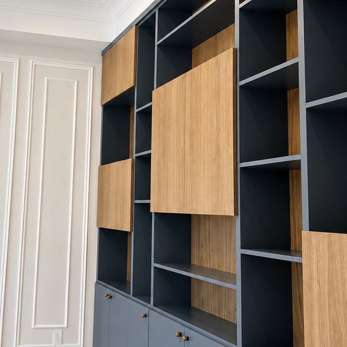 Blue painted built-in cabinets with wood accents in a home office