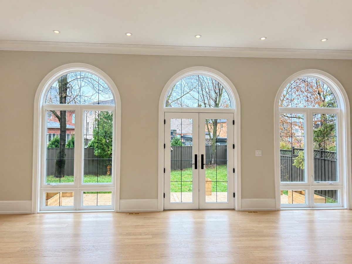 Freshly painted living room with arched windows and white trim in Toronto