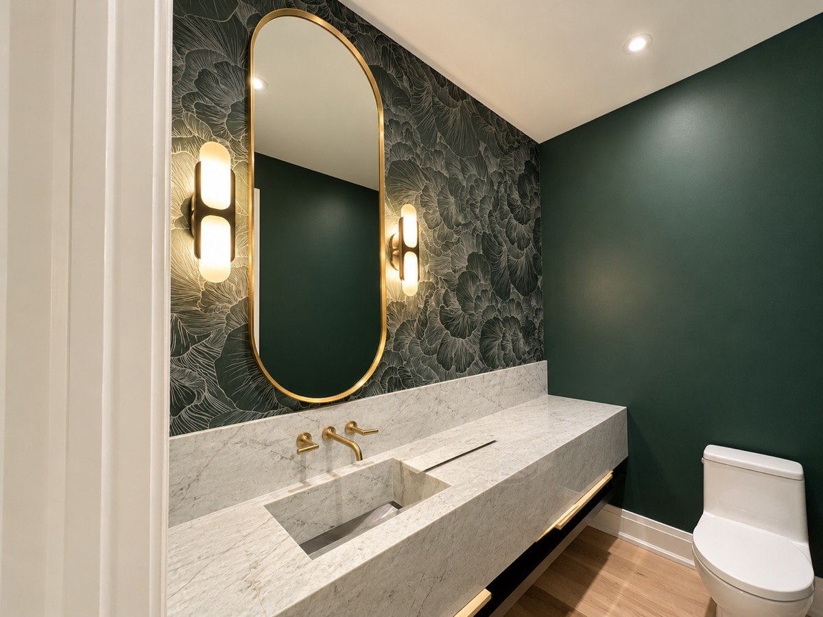 Botanical wallpaper accent wall in a green powder room
