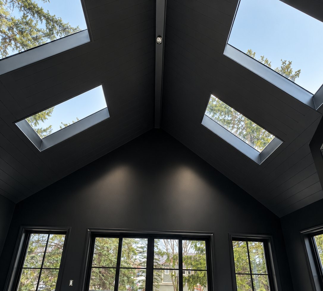 Vaulted room with black painted ceiling and skylights in a Caledon home