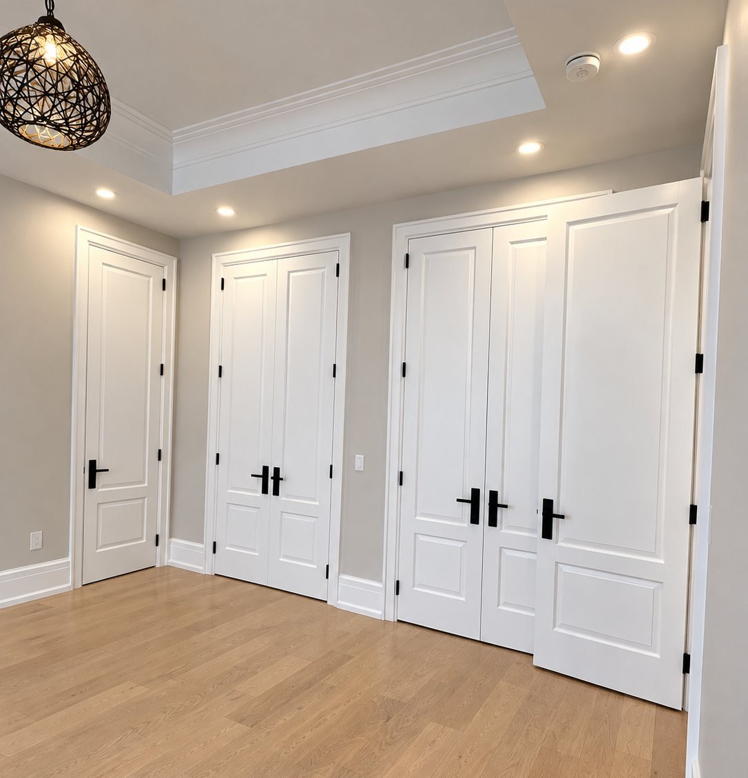 Bedroom with freshly painted white doors, trim and baseboards in a Hamilton home