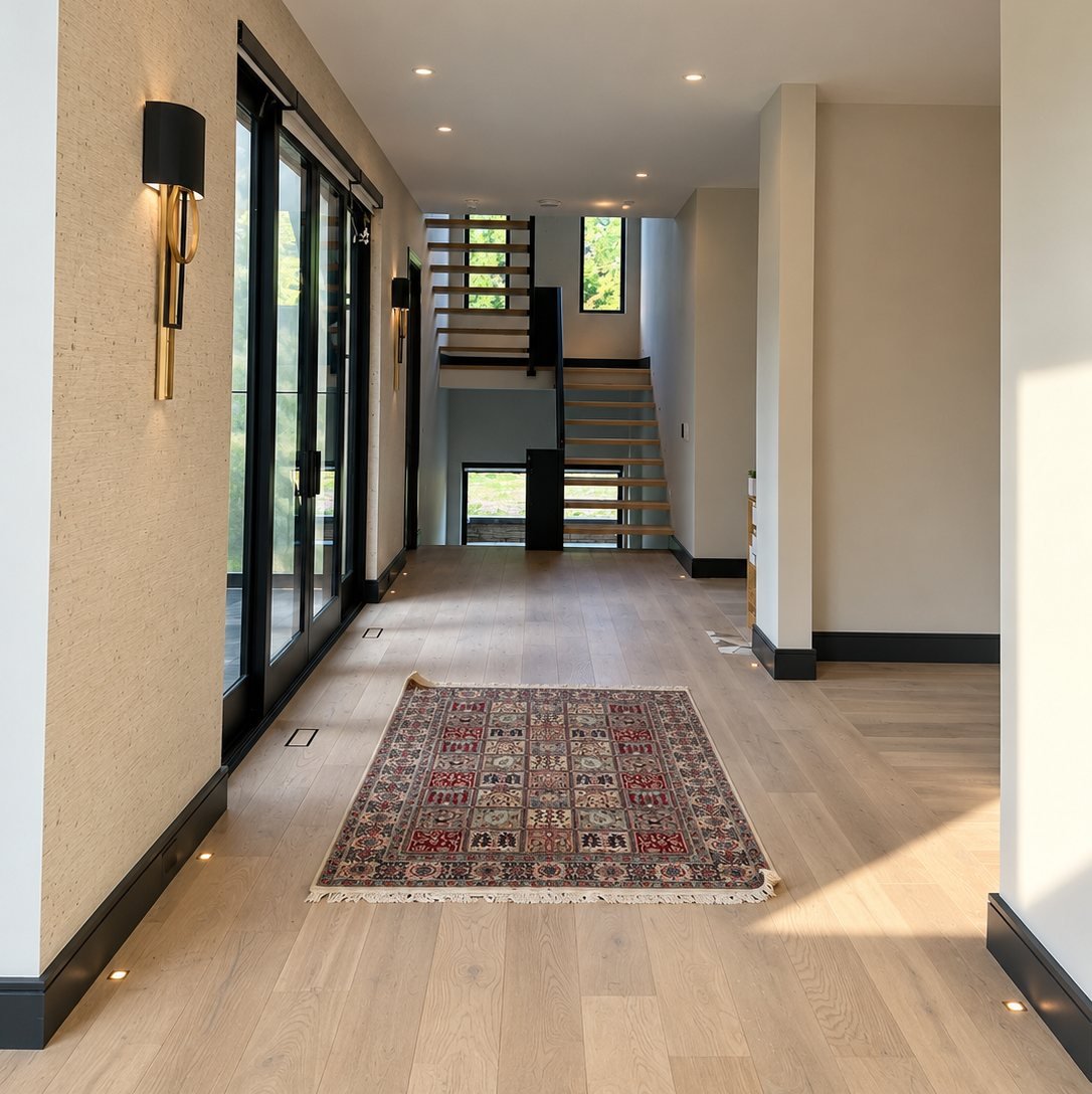 Hallway with grasscloth wallpaper and freshly painted walls in a Kitchener home