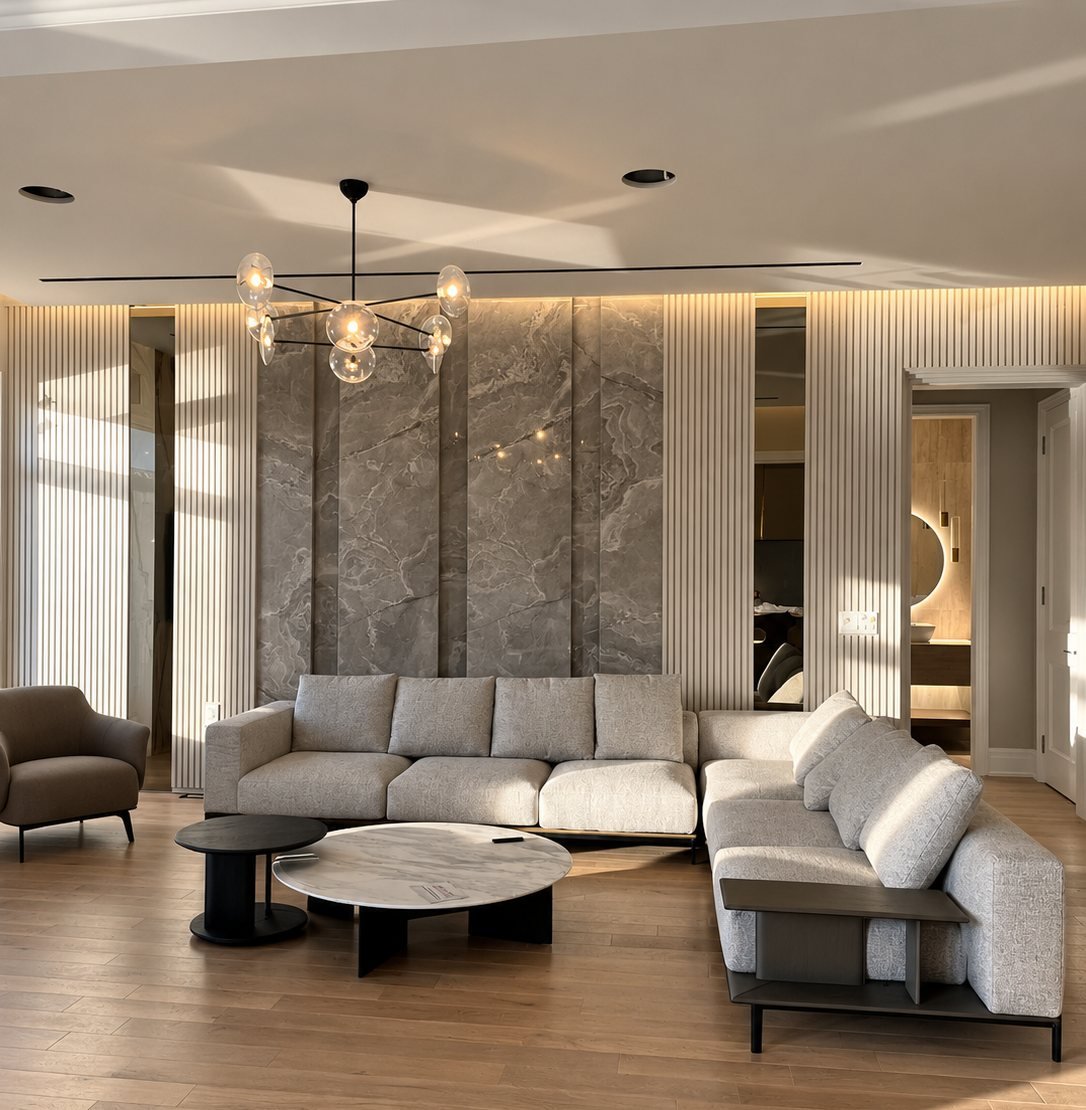 Freshly painted living room with fluted wall panels in a Mississauga family home
