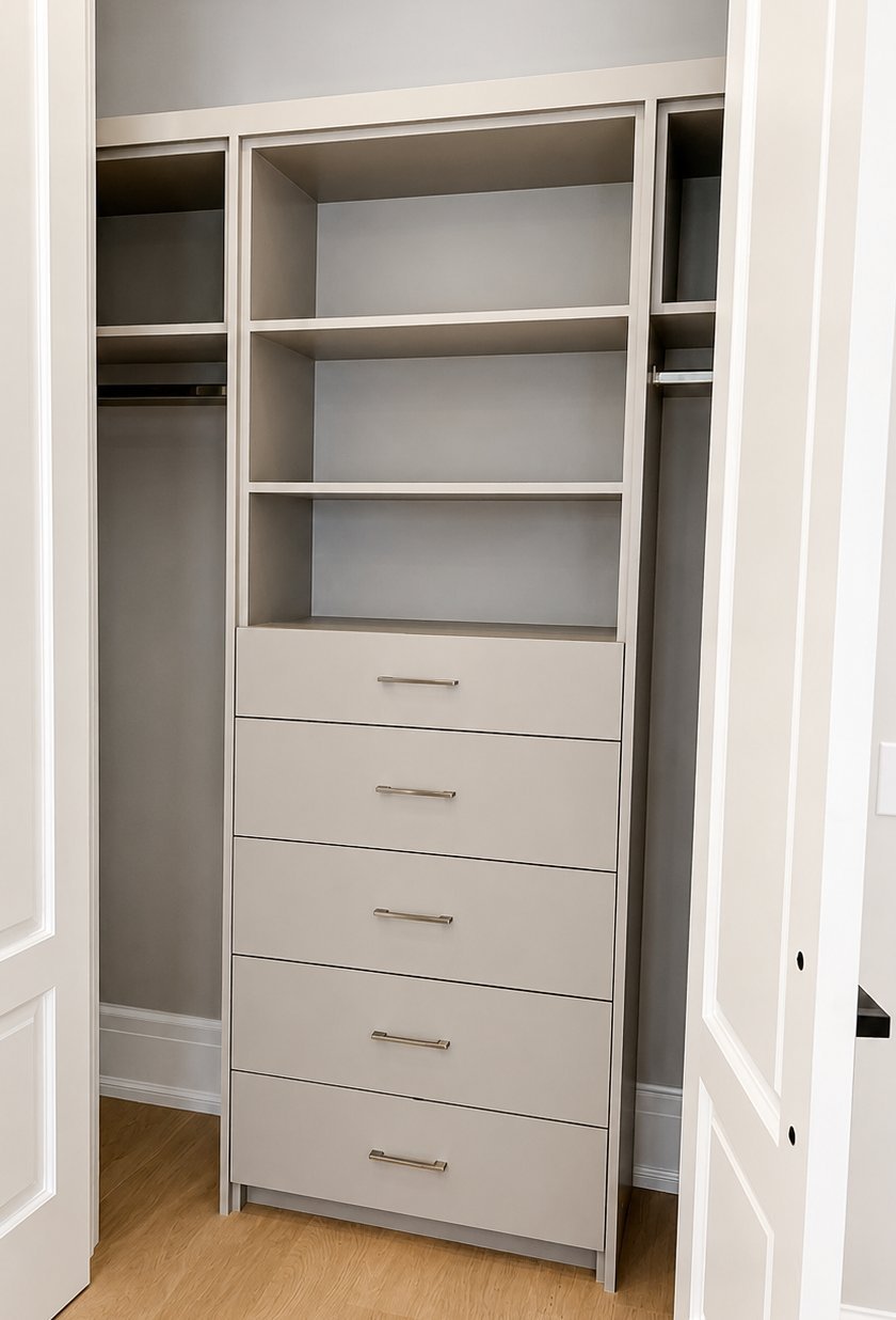 Bedroom closet with grey painted built-in shelving and drawers