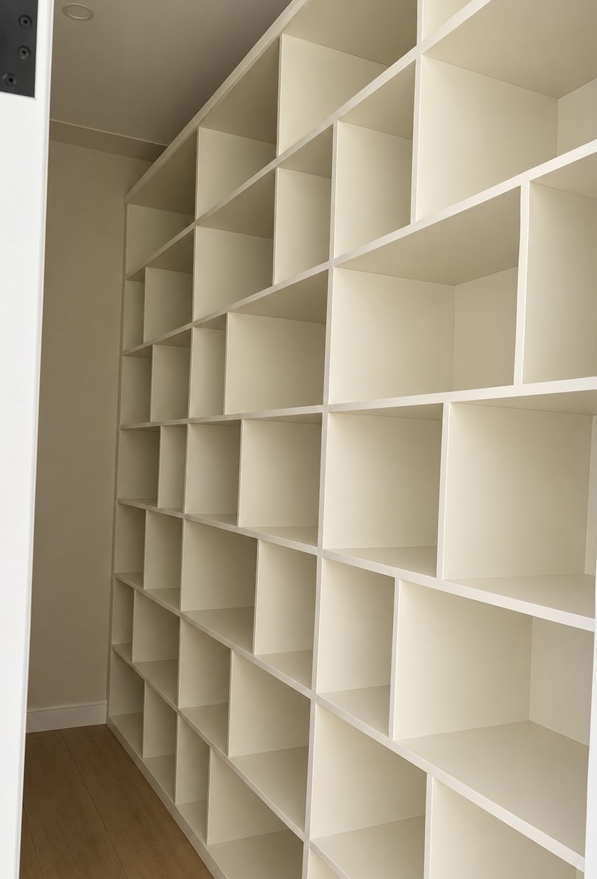 Closet with white painted built-in cubby shelving