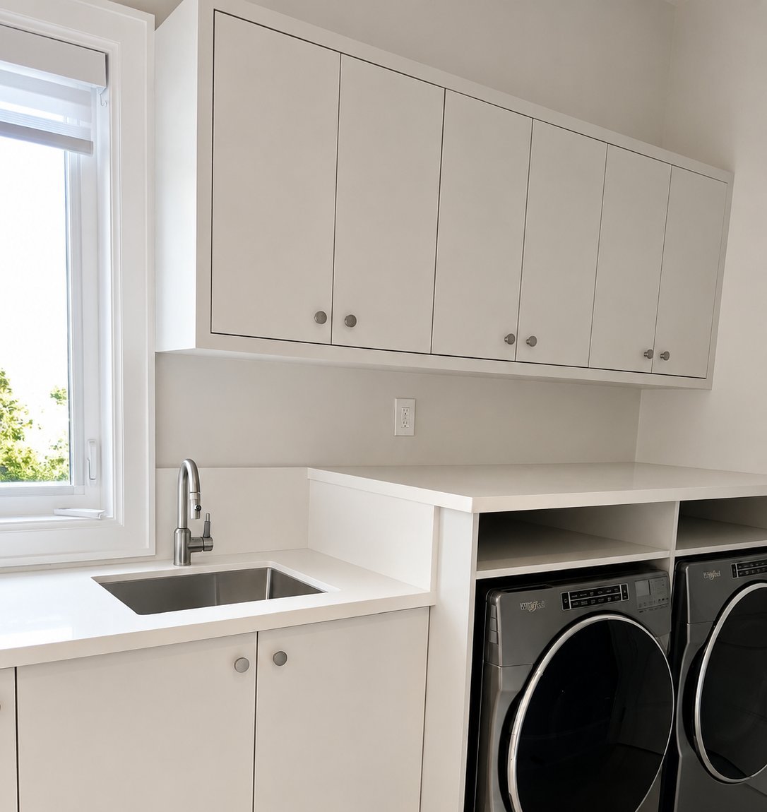 Laundry room with white painted upper and lower cabinets