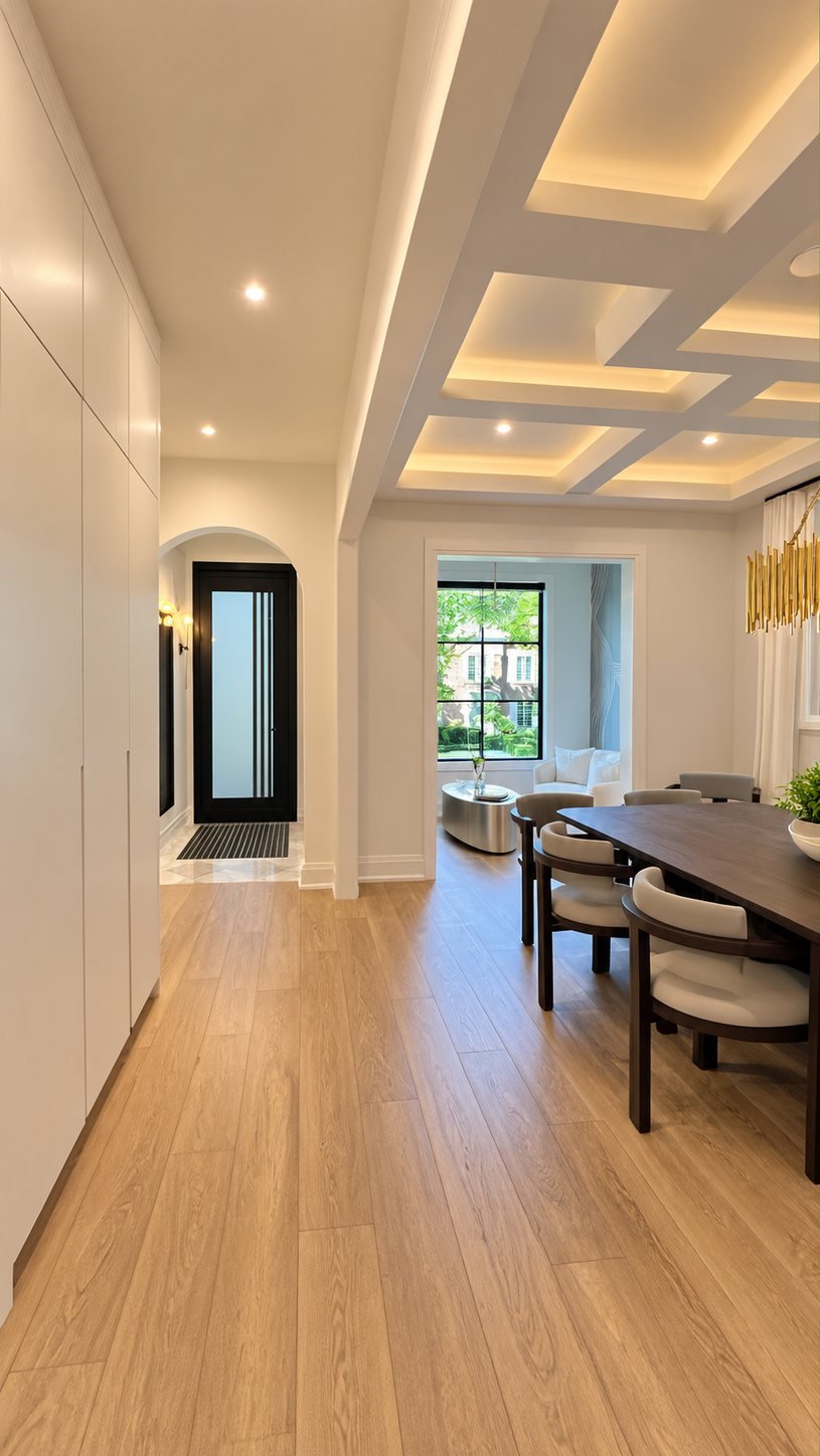Long hallway with freshly painted walls and a coffered ceiling leading to the dining room