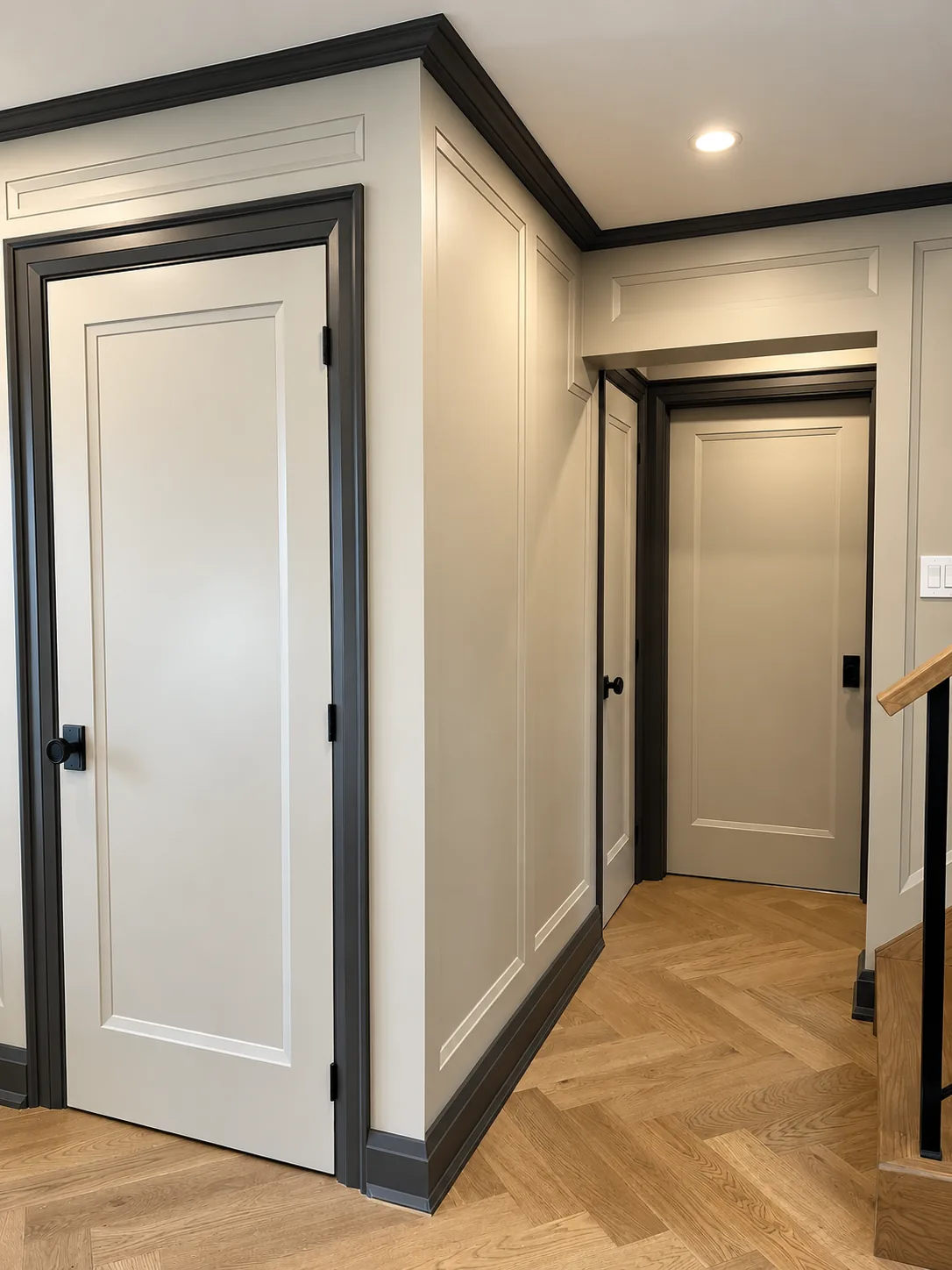 Hallway with light painted doors, charcoal trim and wall panel moulding