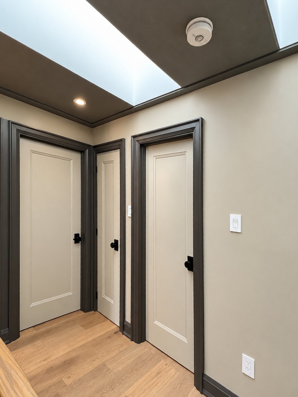 Hallway with light painted doors and charcoal trim under a skylight
