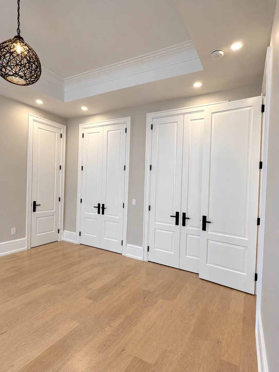 Bedroom with white painted doors and trim and a tray ceiling