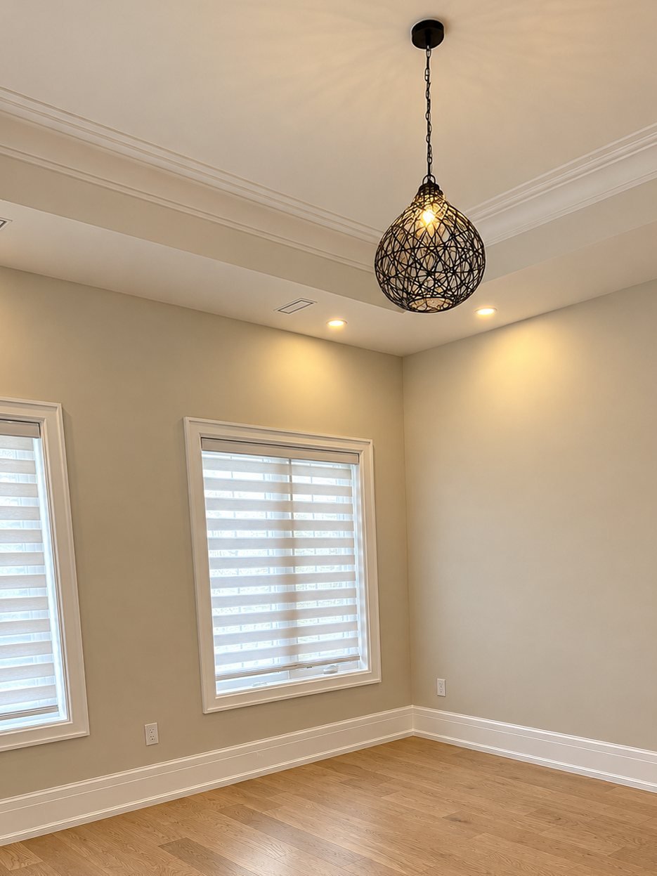 Bedroom with freshly painted walls, crown moulding and a tray ceiling