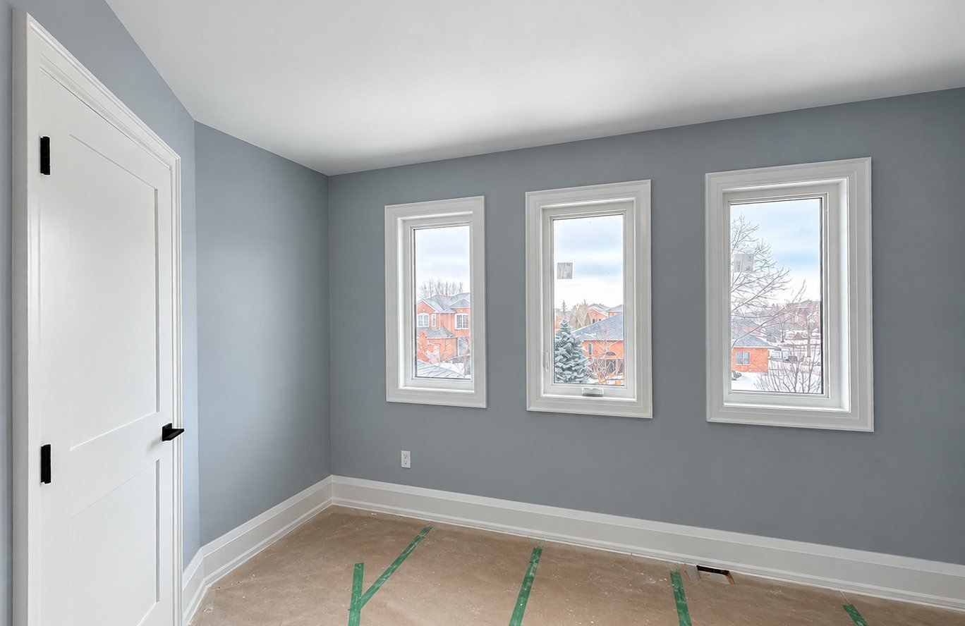 Floors fully protected during interior painting of a blue-grey bedroom