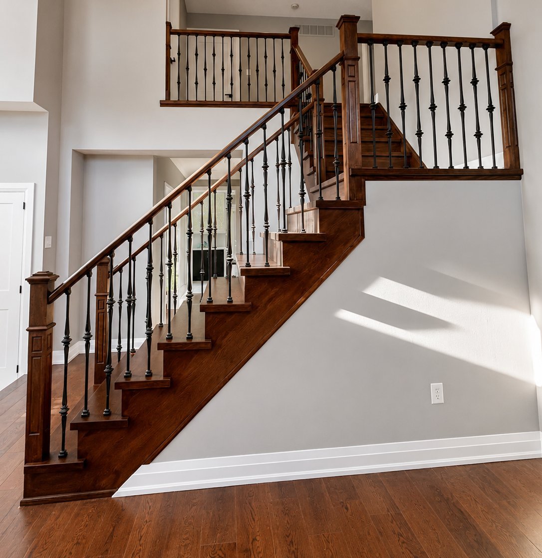 Cherry-stained wood staircase with wrought iron balusters and matching hardwood floor