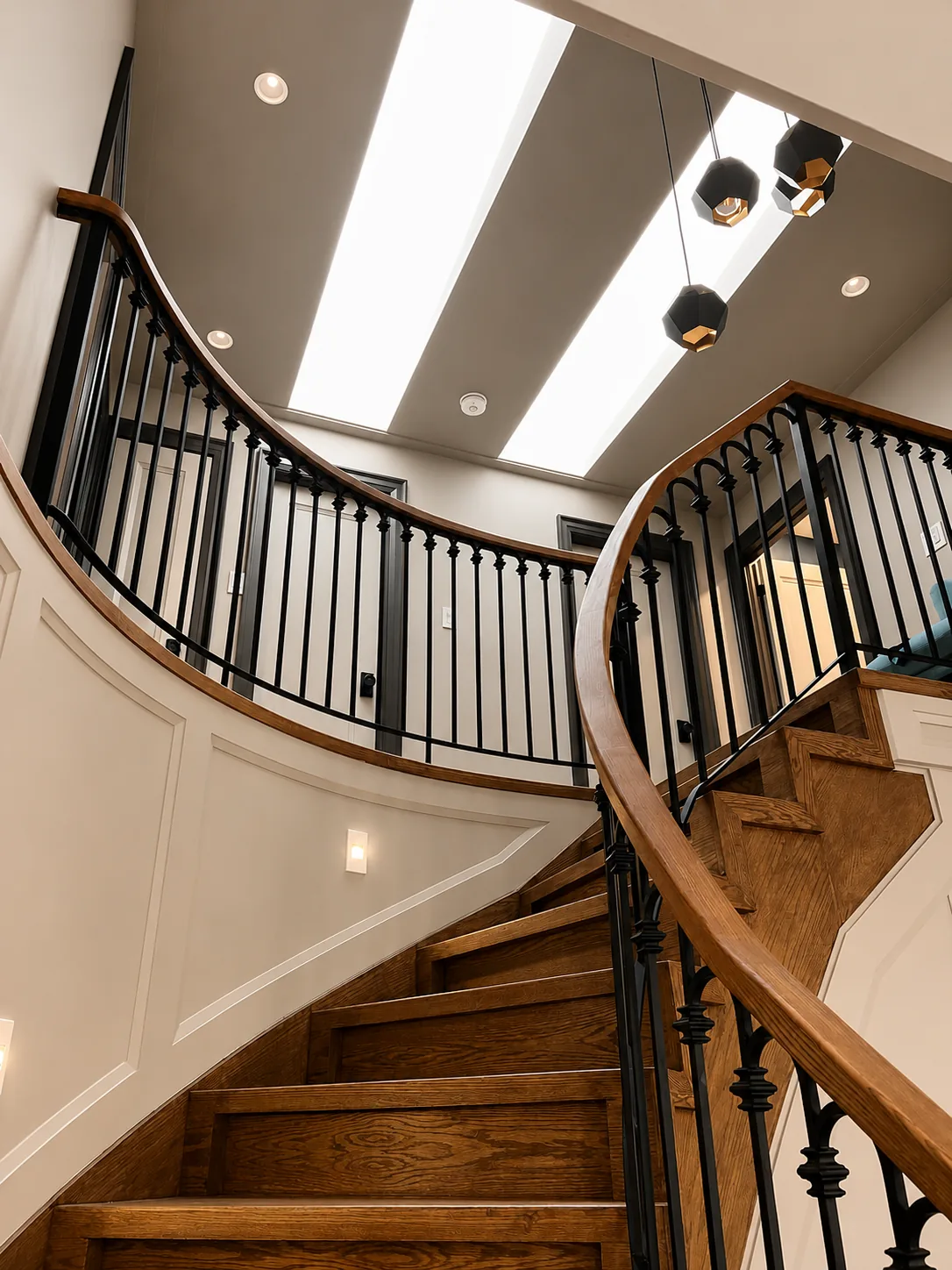 Curved staircase with stained oak treads and handrail under skylights