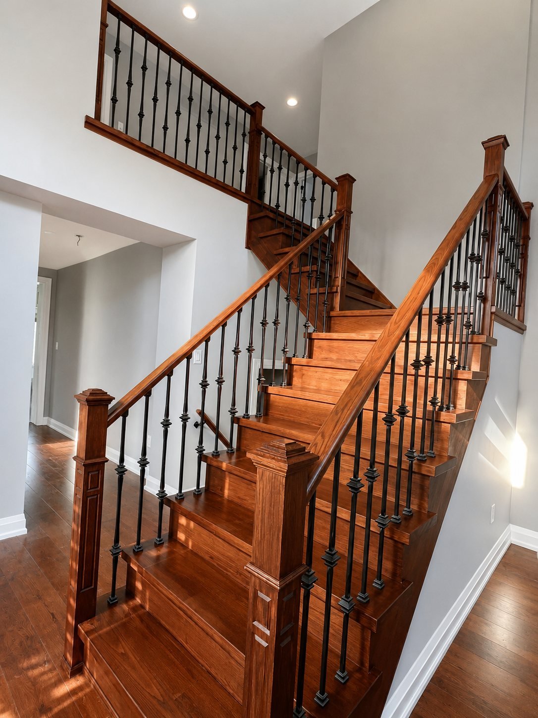 Cherry-stained staircase and landing with wrought iron balusters