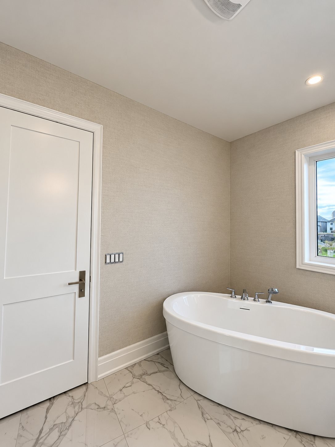 Master bathroom with textured grasscloth wallpaper and white trim