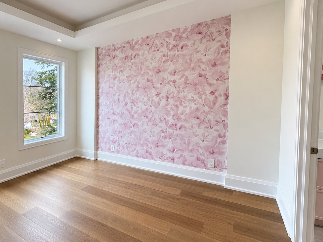 Bedroom with a pink floral wallpaper accent wall