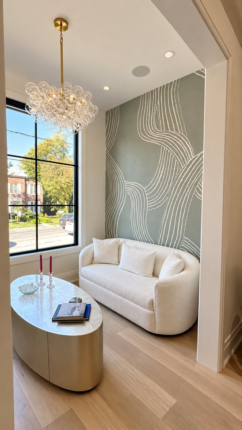 Reading nook with a sage green line-art wallpaper mural