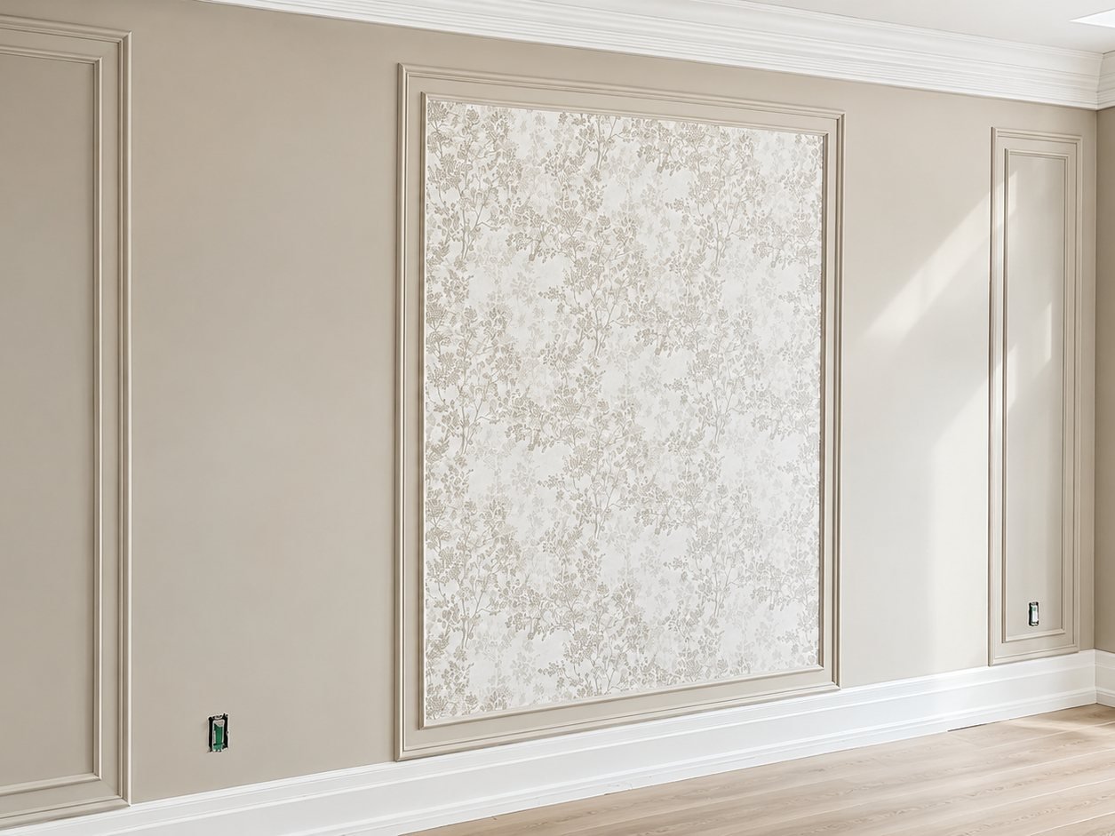 Floral wallpaper panel set in painted greige wall moulding