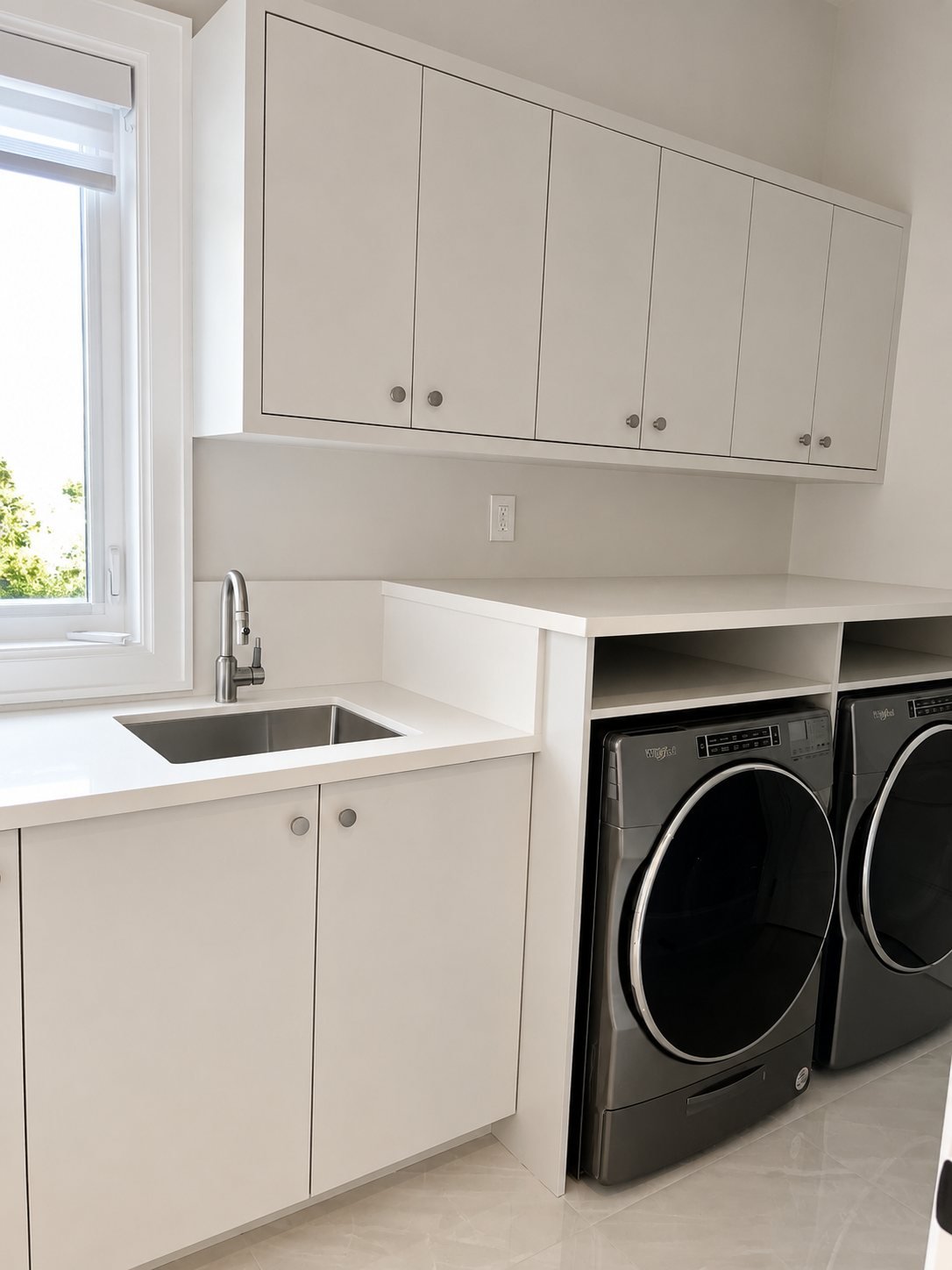 Spray-finished white upper and lower cabinets in a laundry room